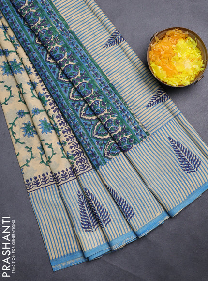 Jaipur cotton saree beige and blue with allover kalamkari prints and long printed border