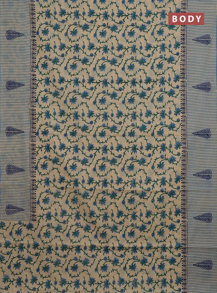 Jaipur cotton saree beige and blue with allover kalamkari prints and long printed border