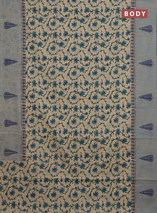 Jaipur cotton saree beige and blue with allover kalamkari prints and long printed border