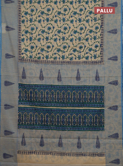 Jaipur cotton saree beige and blue with allover kalamkari prints and long printed border
