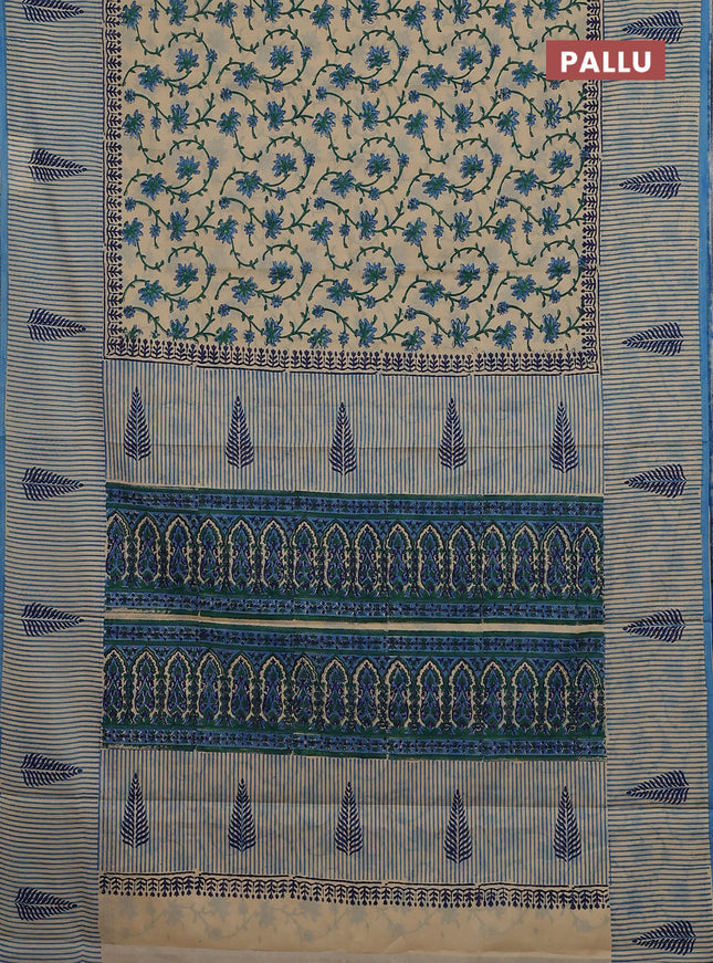 Jaipur cotton saree beige and blue with allover kalamkari prints and long printed border