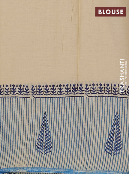 Jaipur cotton saree beige and blue with allover kalamkari prints and long printed border
