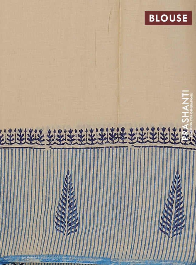 Jaipur cotton saree beige and blue with allover kalamkari prints and long printed border