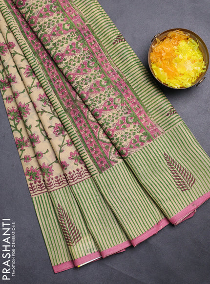 Jaipur cotton saree beige and pink with allover kalamkari prints and long printed border