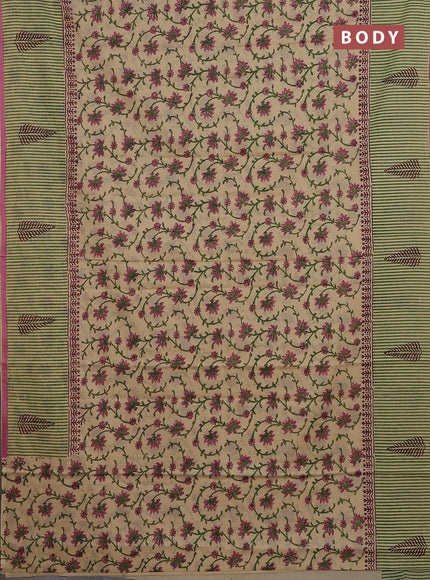 Jaipur cotton saree beige and pink with allover kalamkari prints and long printed border