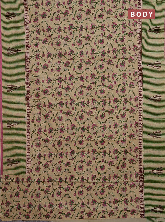Jaipur cotton saree beige and pink with allover kalamkari prints and long printed border