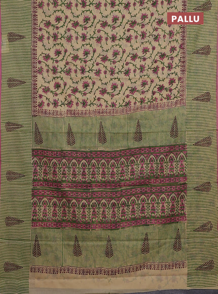 Jaipur cotton saree beige and pink with allover kalamkari prints and long printed border