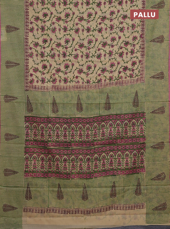 Jaipur cotton saree beige and pink with allover kalamkari prints and long printed border