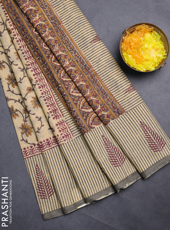 Jaipur cotton saree beige and grey with allover kalamkari prints and long printed border
