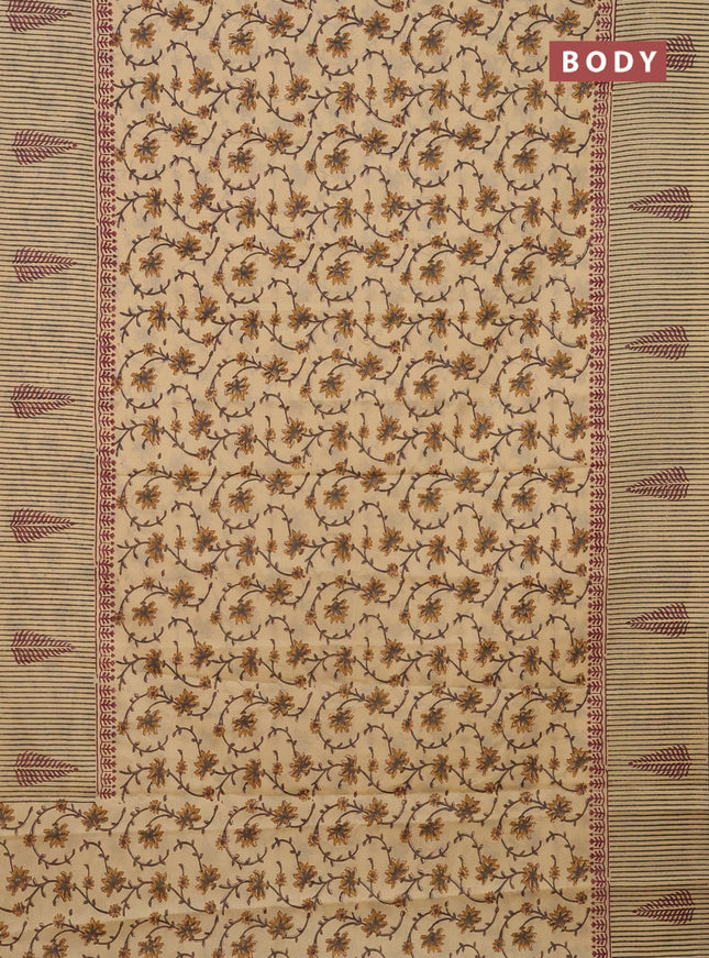 Jaipur cotton saree beige and grey with allover kalamkari prints and long printed border