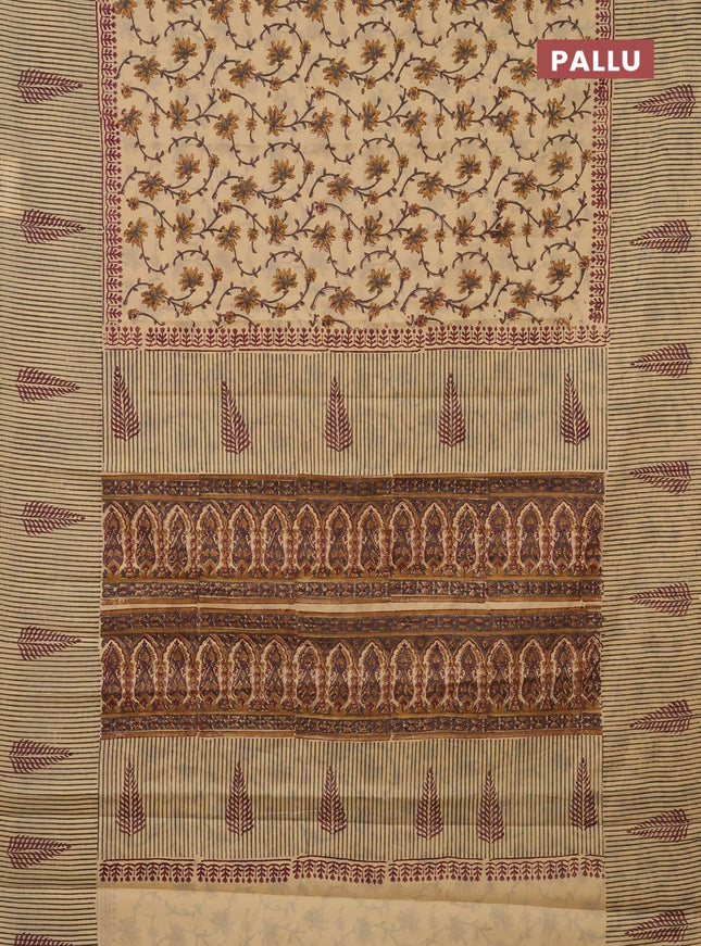 Jaipur cotton saree beige and grey with allover kalamkari prints and long printed border