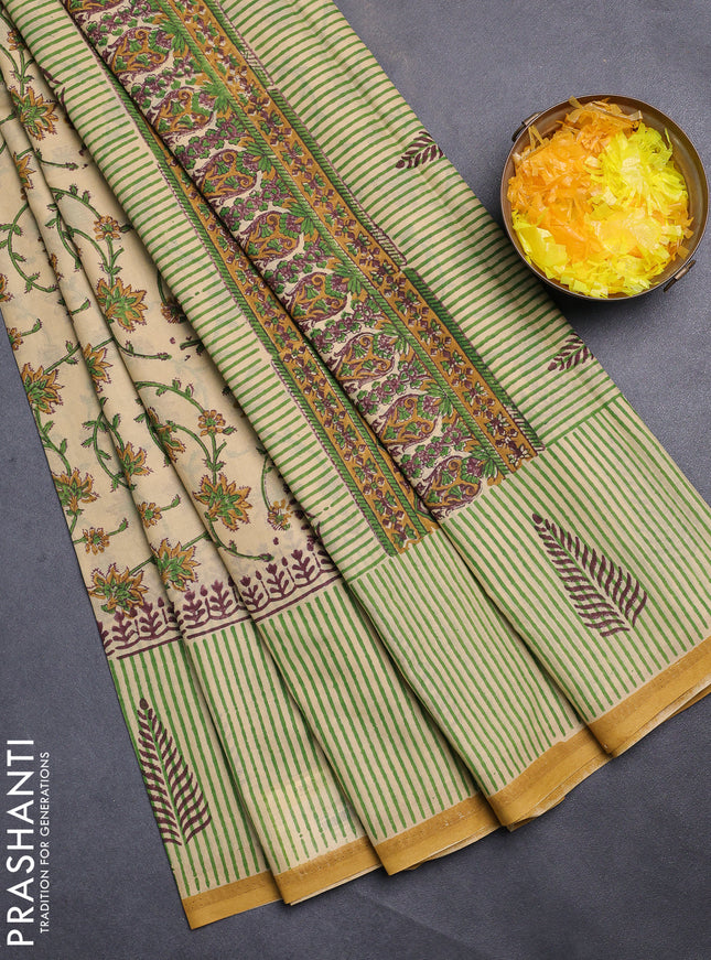 Jaipur cotton saree sandal and mustard with allover kalamkari prints and long printed border