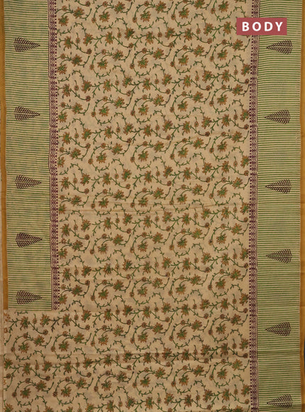 Jaipur cotton saree sandal and mustard with allover kalamkari prints and long printed border