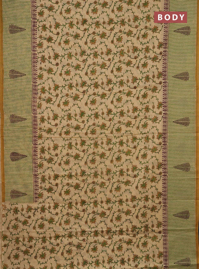 Jaipur cotton saree sandal and mustard with allover kalamkari prints and long printed border