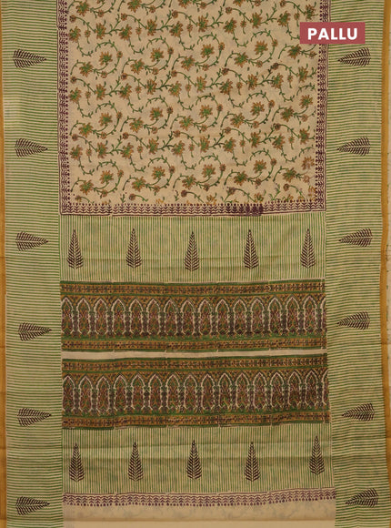 Jaipur cotton saree sandal and mustard with allover kalamkari prints and long printed border