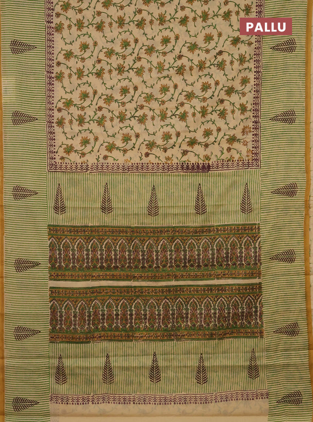 Jaipur cotton saree sandal and mustard with allover kalamkari prints and long printed border