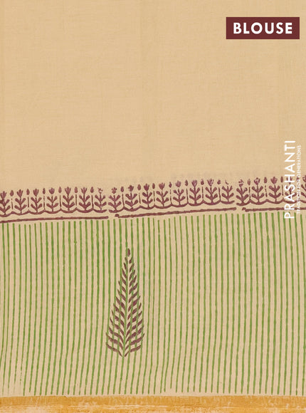 Jaipur cotton saree sandal and mustard with allover kalamkari prints and long printed border