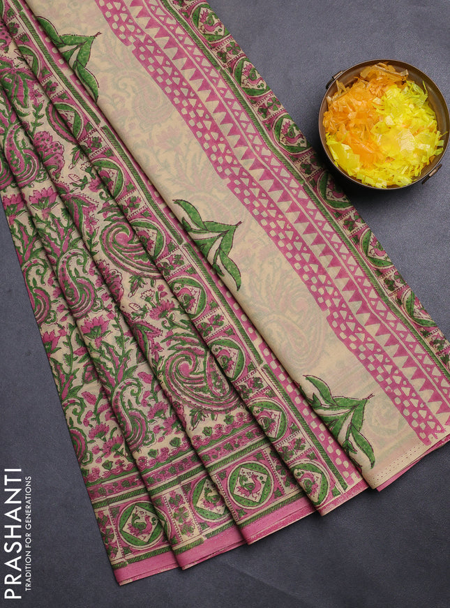 Jaipur cotton saree beige and pink with allover kalamkari prints and printed border