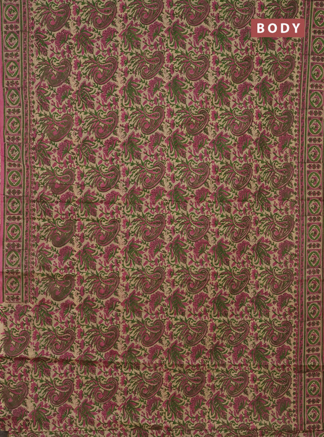 Jaipur cotton saree beige and pink with allover kalamkari prints and printed border