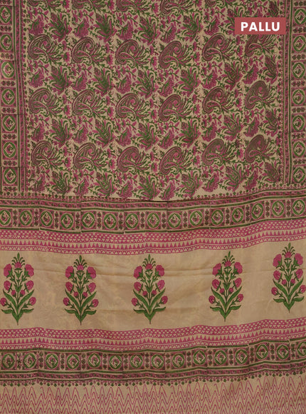 Jaipur cotton saree beige and pink with allover kalamkari prints and printed border