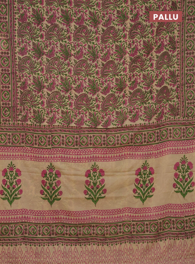 Jaipur cotton saree beige and pink with allover kalamkari prints and printed border