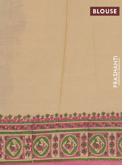 Jaipur cotton saree beige and pink with allover kalamkari prints and printed border