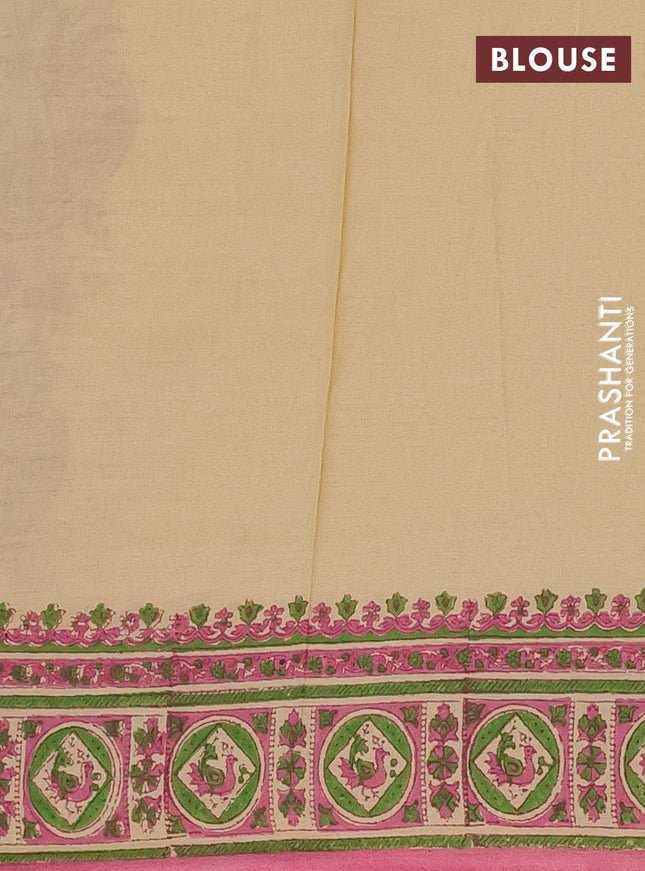 Jaipur cotton saree beige and pink with allover kalamkari prints and printed border