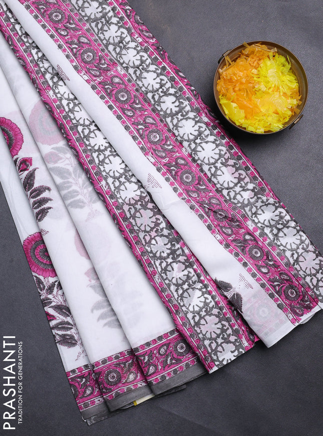 Jaipur cotton saree off white and pink grey with floral butta prints and printed border