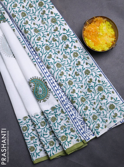 Jaipur cotton saree off white and green with paisley butta prints and printed border