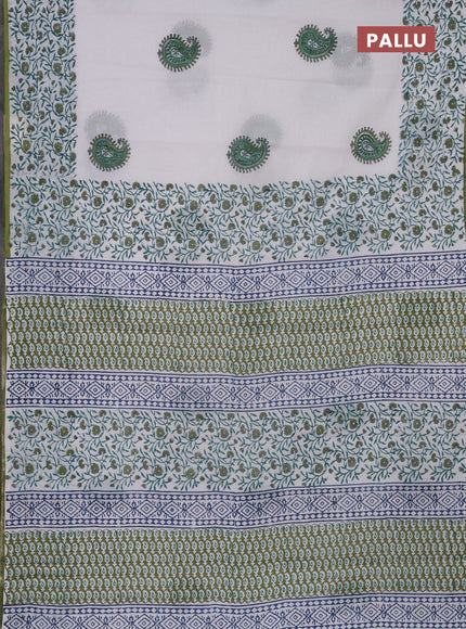 Jaipur cotton saree off white and green with paisley butta prints and printed border