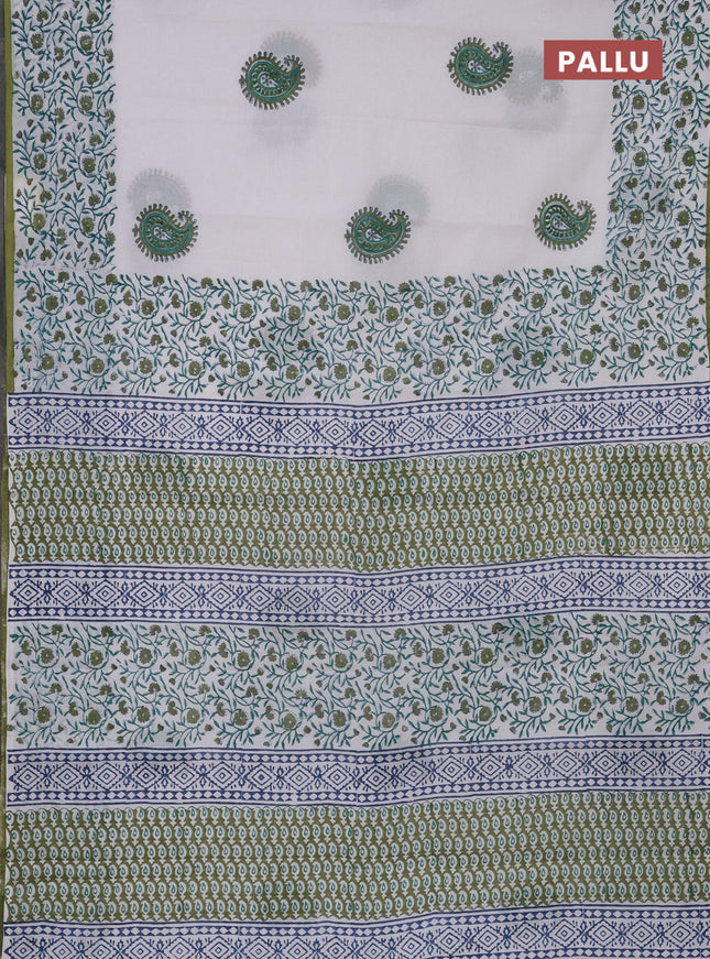 Jaipur cotton saree off white and green with paisley butta prints and printed border