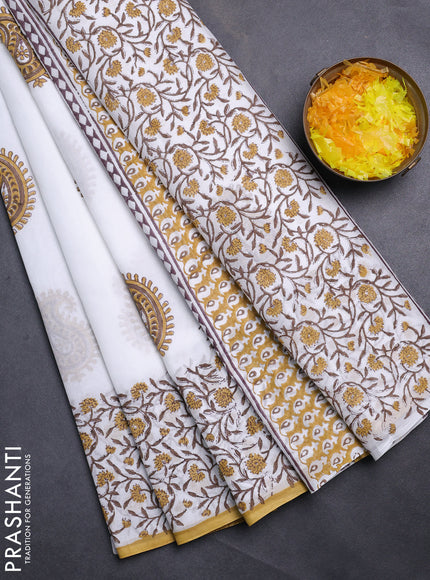Jaipur cotton saree off white and mustard yellow with paisley butta prints and printed border