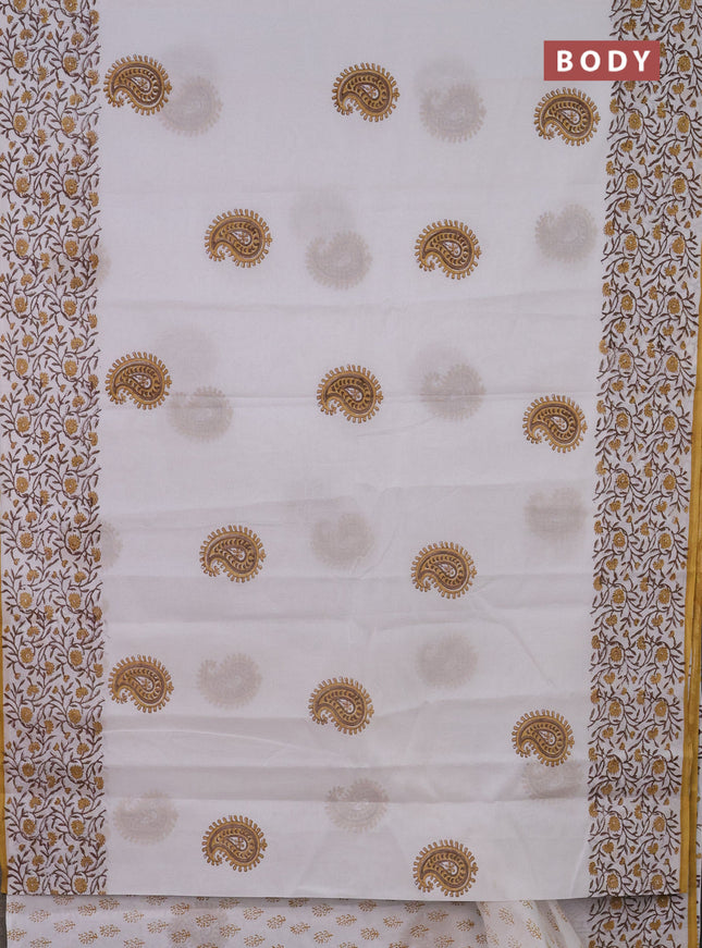 Jaipur cotton saree off white and mustard yellow with paisley butta prints and printed border
