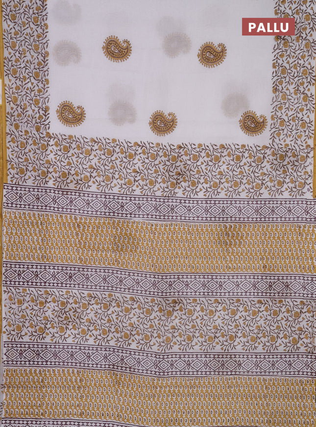 Jaipur cotton saree off white and mustard yellow with paisley butta prints and printed border