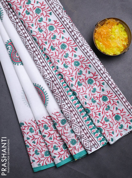 Jaipur cotton saree off white and teal green with paisley butta prints and printed border