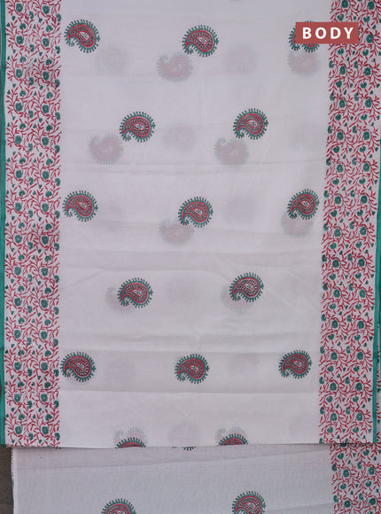 Jaipur cotton saree off white and teal green with paisley butta prints and printed border