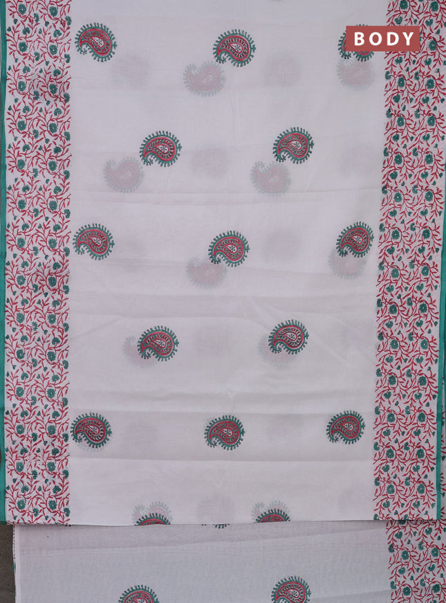 Jaipur cotton saree off white and teal green with paisley butta prints and printed border