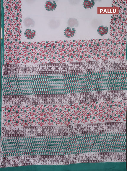 Jaipur cotton saree off white and teal green with paisley butta prints and printed border