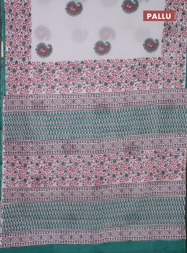 Jaipur cotton saree off white and teal green with paisley butta prints and printed border