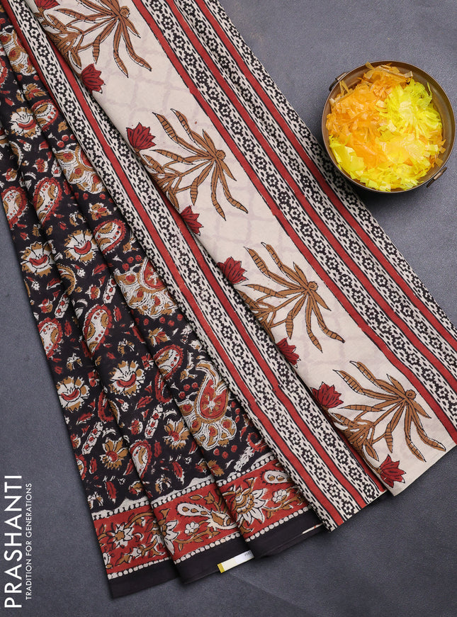 Jaipur cotton saree black and marron with allover kalamkari prints and printed border