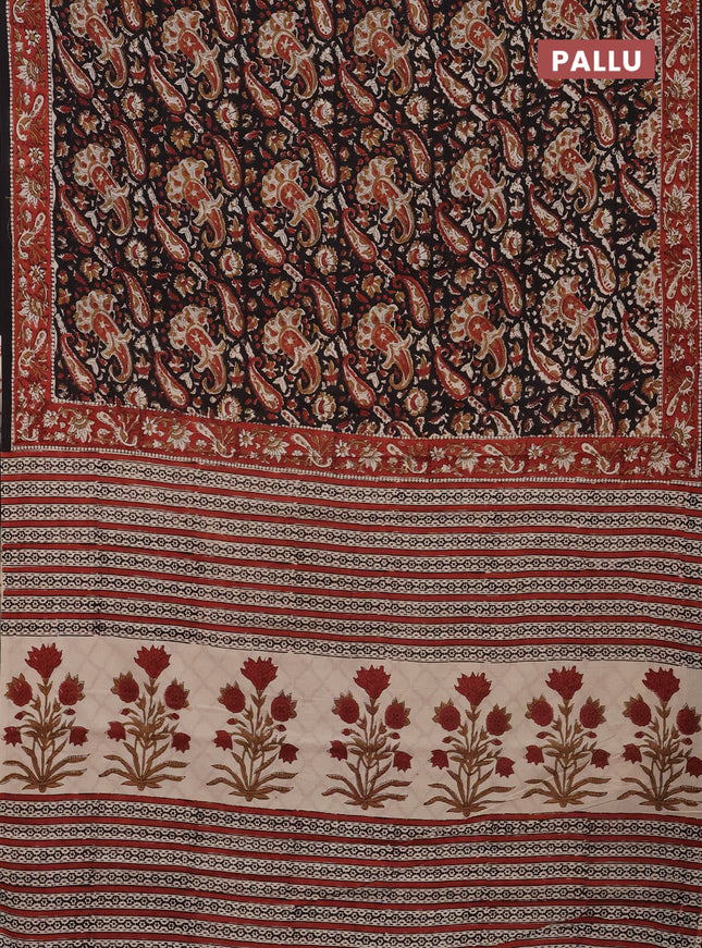 Jaipur cotton saree black and marron with allover kalamkari prints and printed border