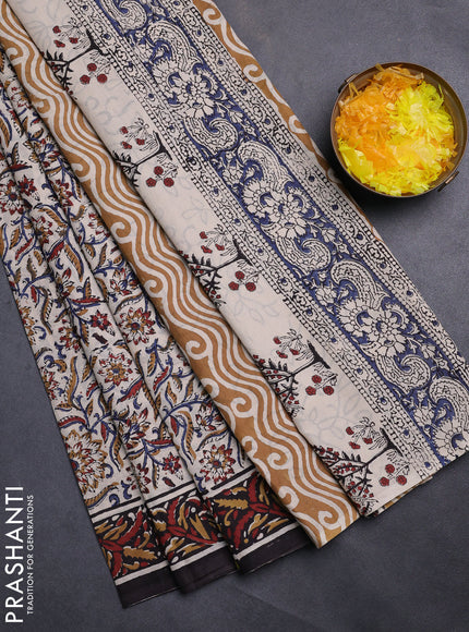 Jaipur cotton saree beige and black with allover kalamkari prints and printed border