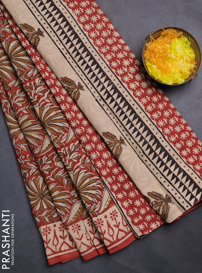 Jaipur cotton saree rust and beige with allover kalamkari prints and printed border