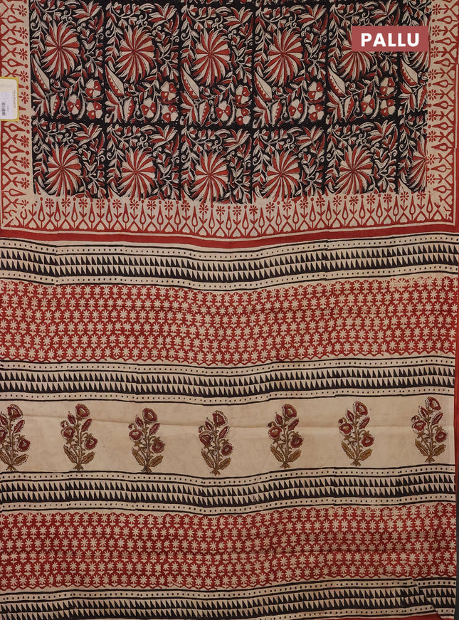 Jaipur cotton saree black and beige with allover kalamkari prints and printed border