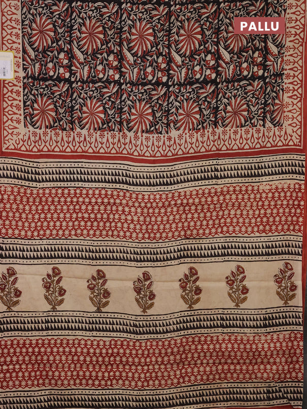 Jaipur cotton saree black and beige with allover kalamkari prints and printed border