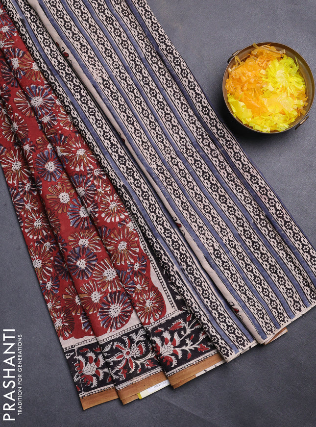 Jaipur cotton saree marron and black with allover kalamkari prints and printed border