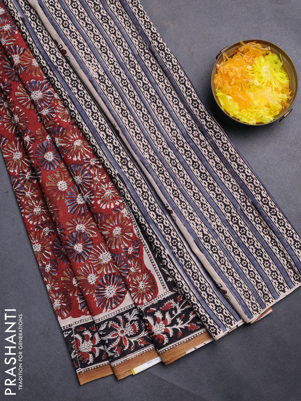 Jaipur cotton saree marron and black with allover kalamkari prints and printed border