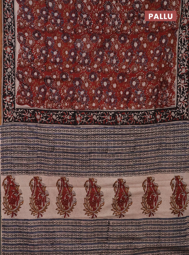 Jaipur cotton saree marron and black with allover kalamkari prints and printed border