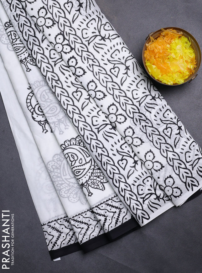 Jaipur cotton saree off white and black with annam butta prints and printed border