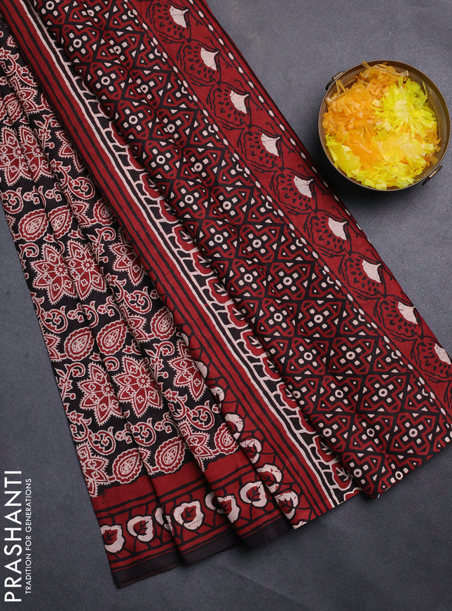 Jaipur cotton saree black and marron with allover kalamkari prints and printed border